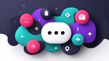 Colorful abstract design featuring communication icons and shapes on a modern background