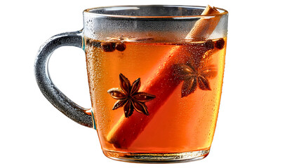 A glass cup of hot tea with cinnamon, star anise and cloves isolated on white background, spicy herbal beverage, healthy autumn drink concept cutout.