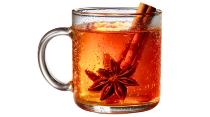 Glass mug filled with hot spiced tea and cinnamon stick isolated on white background, star anise drink, warming winter beverage, autumn herbal tea concept.