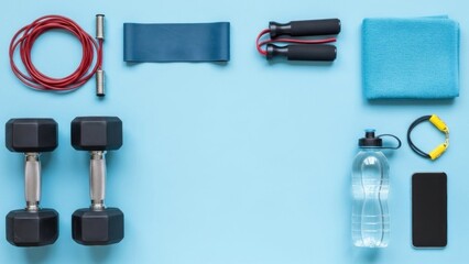 Fitness Equipment on Blue Background.
