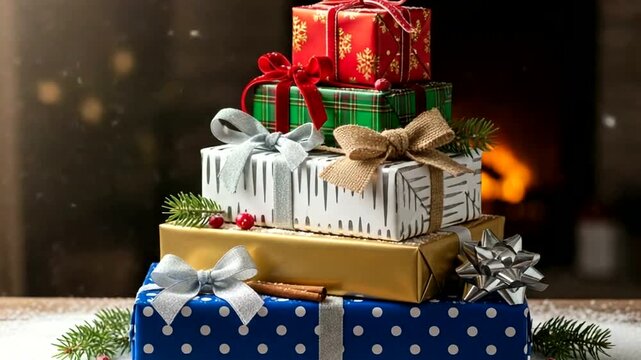 A pyramid stack of colorful christmas gifts on a snowy surface in front of a warm fireplace