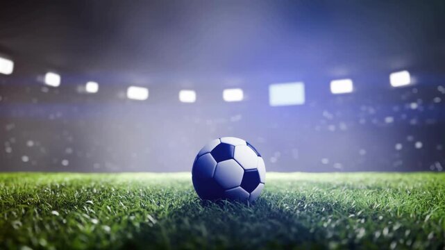 A lone soccer ball rests on vivid turf beneath stadium lights at night, awaiting kickoff tonight