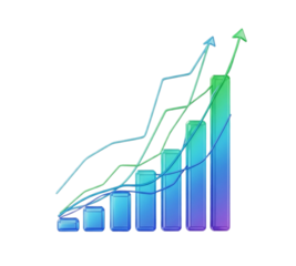 3d bar graph with upward trend arrows isolated on transparent background