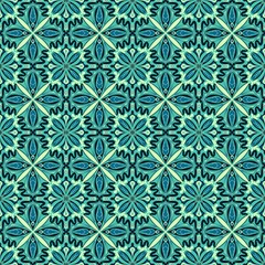 Fototapeta premium vector seamless pattern with flowers,green curves ,painted create to flower shape,leaves,hearts,black background in geometric patterns as sarong,fabric,tile,printed fabric,batik,tablecloth patterns.
