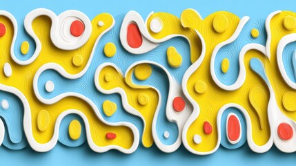 Colorful abstract design featuring flowing shapes and patterns against a blue background