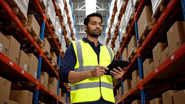 Young Indian Warehouse Worker Wearing High Visibility Vest Checking Inventory on Digital Tablet in Logistics Center with High Shelves