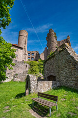 The Majestic and Enigmatic Ruins of an Ancient Castle are Beautifully Surrounded by Lush Greenery. Burg Hanstein castle ruins, The historic Castle Hanstein in Thuringia.