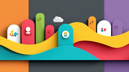 Colorful abstract design featuring icons and shapes on a vibrant background with a cloud