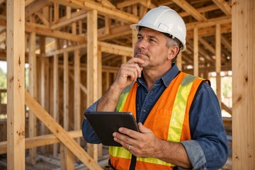 Male construction engineer inspecting building site with tablet, wearing safety helmet and reflective vest, wooden framework in background