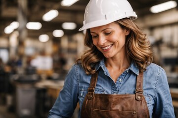 Smiling woman wearing a safety helmet and apron in an industrial or manufacturing environment
