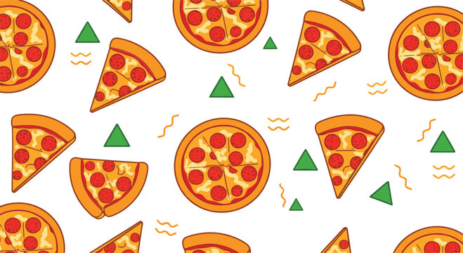 Pepperoni pizza seamless pattern with slices and whole pies repeated on white background for food and restaurant designs vector illustration
