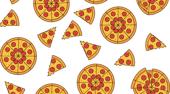 Pepperoni pizza seamless pattern with whole pies and slices scattered for food, restaurant, and fast food background vector illustration