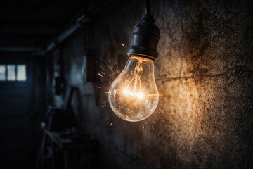 Bright incandescent light bulb with sparks flickering in a dark, industrial-style setting on a worn wall