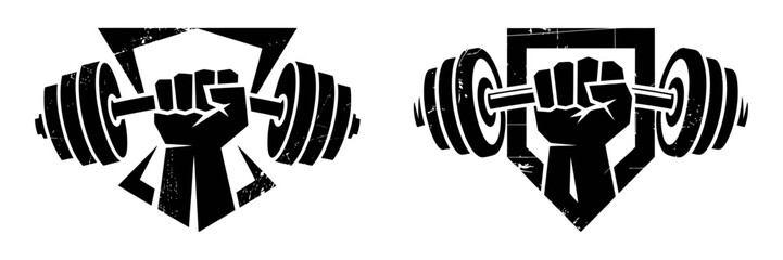 Set of black silhouette gym logos featuring a powerful fist holding a barbell on shield for fitness branding and weightlifting motivation
