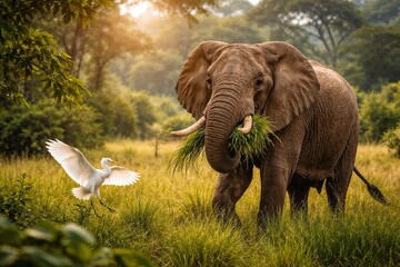 Gentle African elephant grazing in lush green savannah with a heron flying nearby at sunset