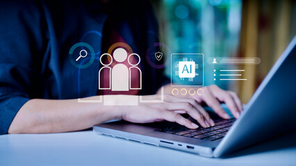 Business professional typing on laptop with AI, human resource icons, representing artificial intelligence, workforce analytics, digital transformation, smart technology, data business solutions.