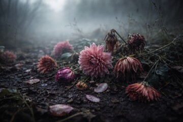 Wilted pink and purple dahlias on dark, damp soil with foggy background in moody garden setting
