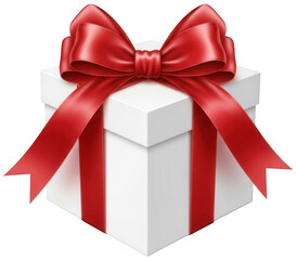 White square gift box with red satin ribbon and bow