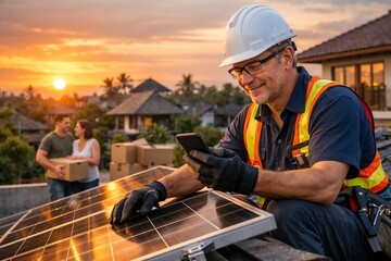 Electrician Installing Solar Panel on Rooftop During Sunset with Two Delivery Workers in Background