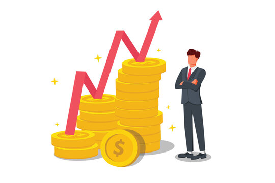 Financial Growth and Investment Success Concept Illustration, Businessman Standing Near Growing Coins and Upward Arrow.