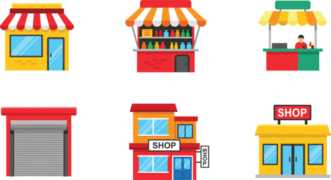 Small shop and market storefront buildings collection with kiosks and retail stores isolated on white background vector set