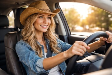 Happy woman driving a car during sunset, wearing a cowboy hat and casual denim jacket, enjoying the journey outdoors