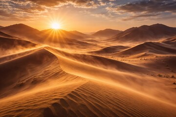 Beautiful desert landscape at sunrise with rolling sand dunes and golden light illuminating the arid terrain