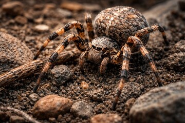 Close-up of a camouflaged spider blending into rocky soil environment with detailed focus