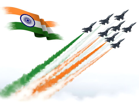 Indian air force jets flyby with tricolor smoke