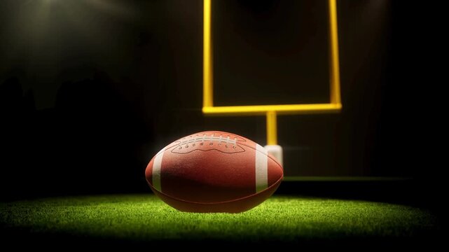 A lone rugby ball rests on bright turf, framed, by glowing yellow goalposts, darkness surrounding it