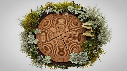 Tree Stump with Moss and Lichen on Gray Background