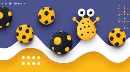 Colorful abstract design featuring playful round shapes and a quirky character on a vibrant background