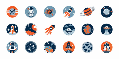 Colorful space themed icons featuring planets rockets astronauts and ufos © Ruhidas