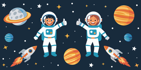 Two astronauts explore space among planets stars and rockets © Ruhidas