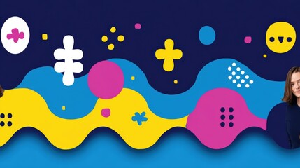 Colorful abstract design featuring playful shapes and two individuals against a dark blue background