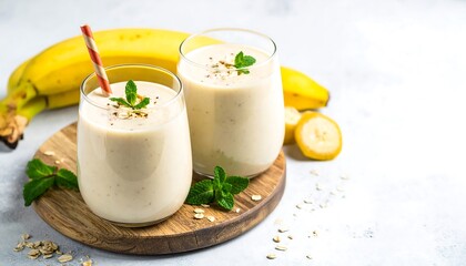 Two glasses of creamy banana smoothie with fresh mint and oats
