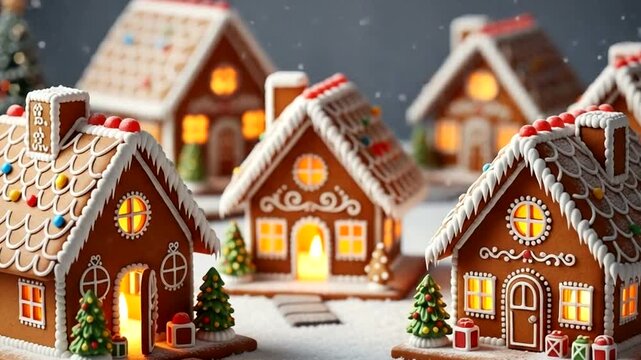 Illuminated gingerbread houses create a warm and festive christmas scene