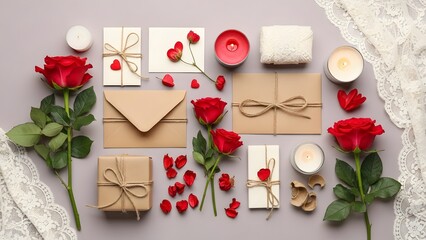 Professional top down flat lay of Valentine couple objects arranged organically yet intentionally on a neutral pastel surface.