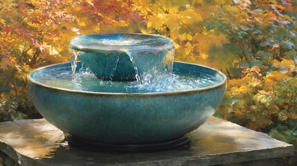 Two-tier fountain on stone base with autumn foliage backdrop