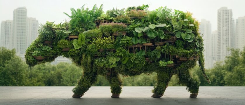 A living sculpture of a bull covered in lush green plants and foliage, standing tall in an urban landscape.