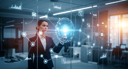 Businesswoman interacting with digital data visualization and strategic planning interface in modern office