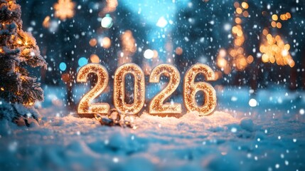 Winter Scene With Sparkling Numbers 2026 in Snow With Glowing Lights in the Background