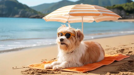 a cute dog with sunglasses on the sand beach on a sunny day enjoying vacation. hot summer day at the sea ocean. Generative AI
