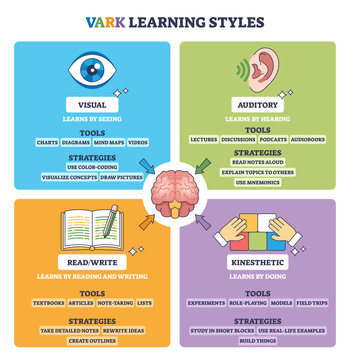 VARK learning styles framework maps Visual, Auditory, Read-Write, and Kinesthetic preferences, brain, eye, and ear icons highlight how learners see, hear, read, and do, transparent background.