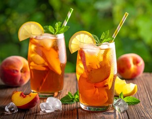 Two glasses of iced peach tea with lemon and mint