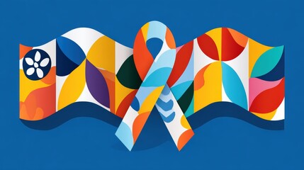 Colorful abstract design featuring vibrant shapes and a ribbon against a blue background