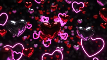 Floating hearts in neon light