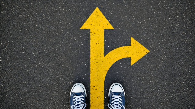 Split Yellow Arrow Road Decision Making Concept