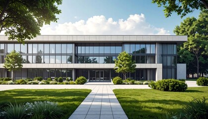 Modern office building with landscaping