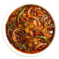 Menudo Northern Mexico tripe soup with red chili broth isolated on transparent background